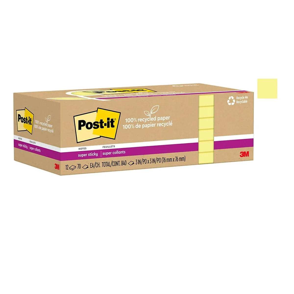 3M 3M 654R-12SSCY Post-it Super Sticky Notes 3x3 Canary 70 Sheet 12 Pack — product photo