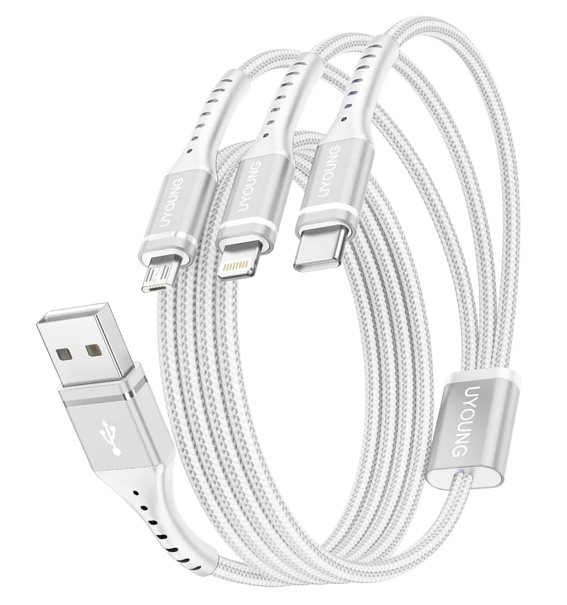  UYOUNG Multi Charging Cable 2-Pack 4ft 3-in-1 USB 3.0 White — product photo
