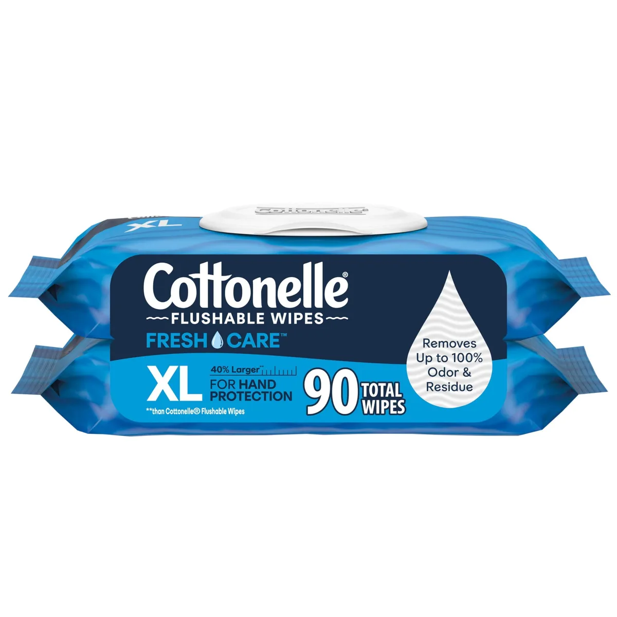 Two white flip-top packs of XL flushable wet wipes, 45 wipes each