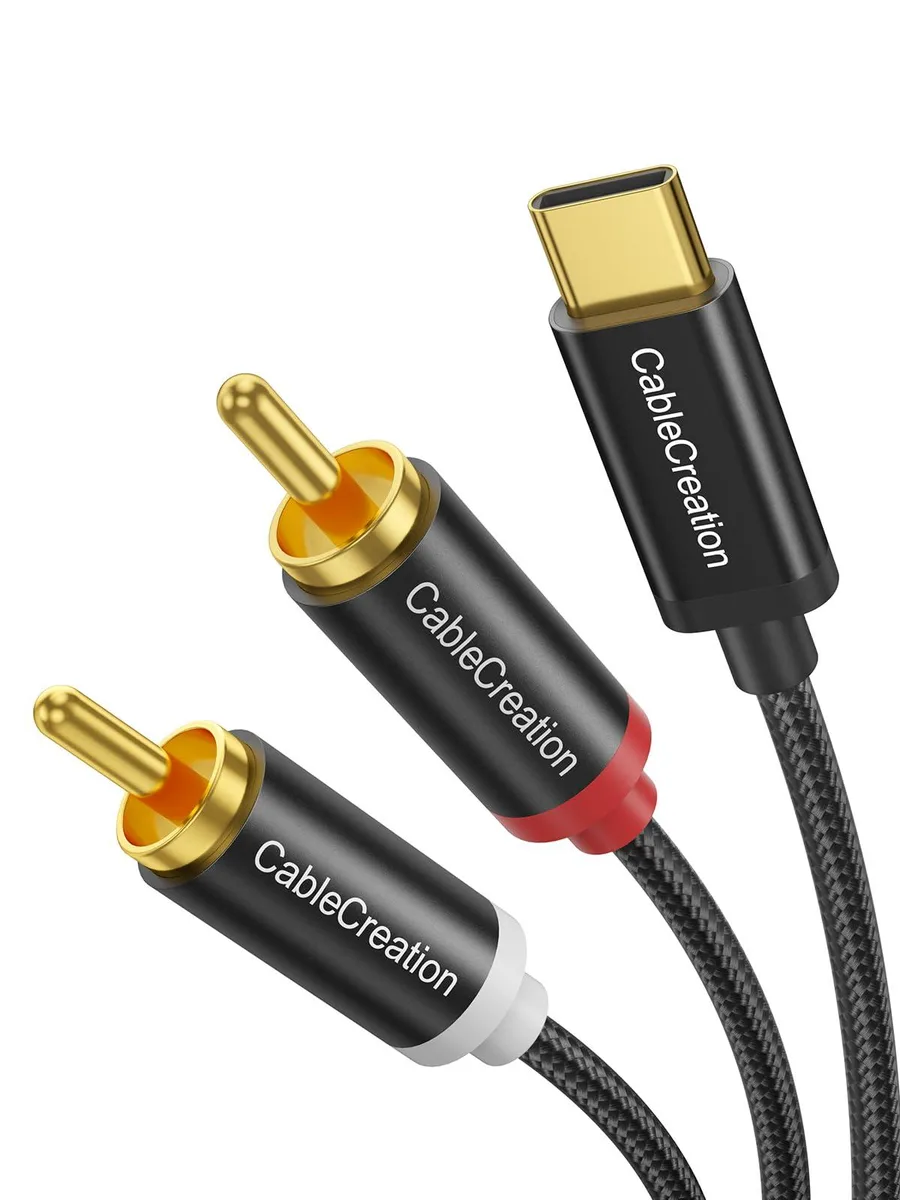 USB-C plug to red and white RCA plugs, six-foot grey cable