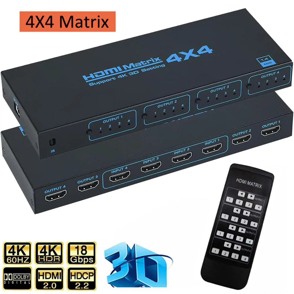 Black rectangular 4x4 HDMI matrix switch with front buttons and IR remote