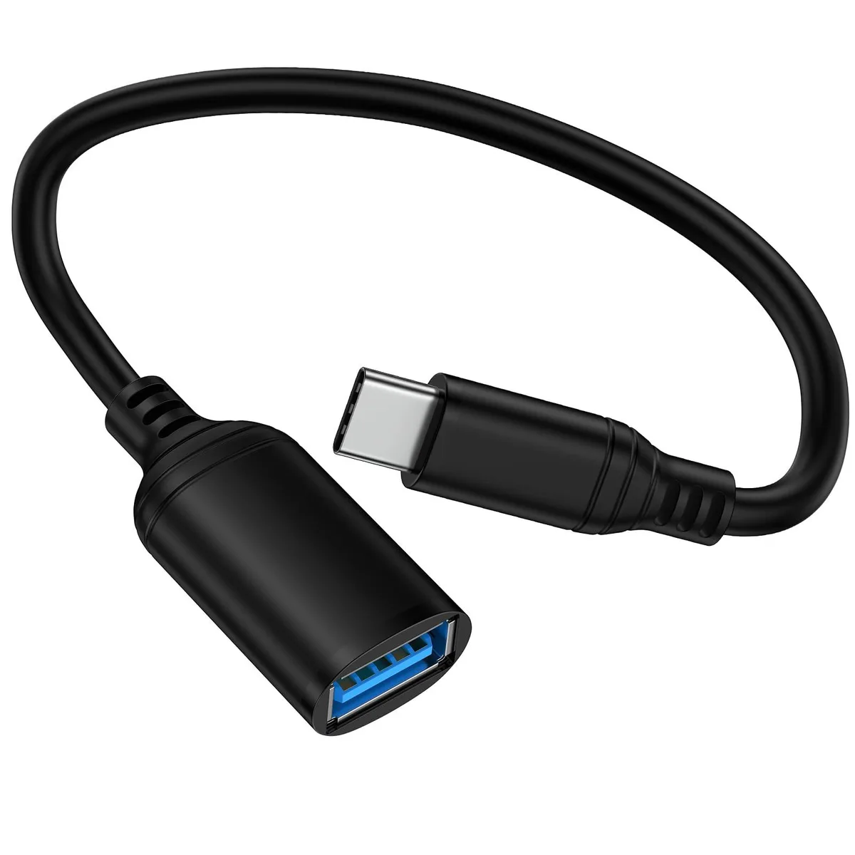 Short white cable with USB-C male plug and USB-A female port