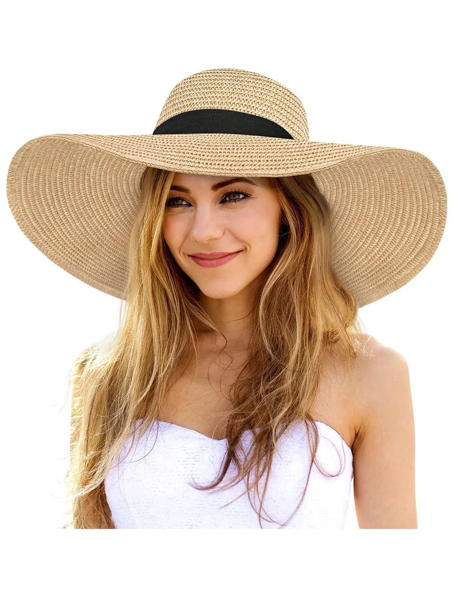 sun Wide Brim Straw Beach Hat Floppy Foldable Roll-Up UPF 50+ Beige Khaki — product photo