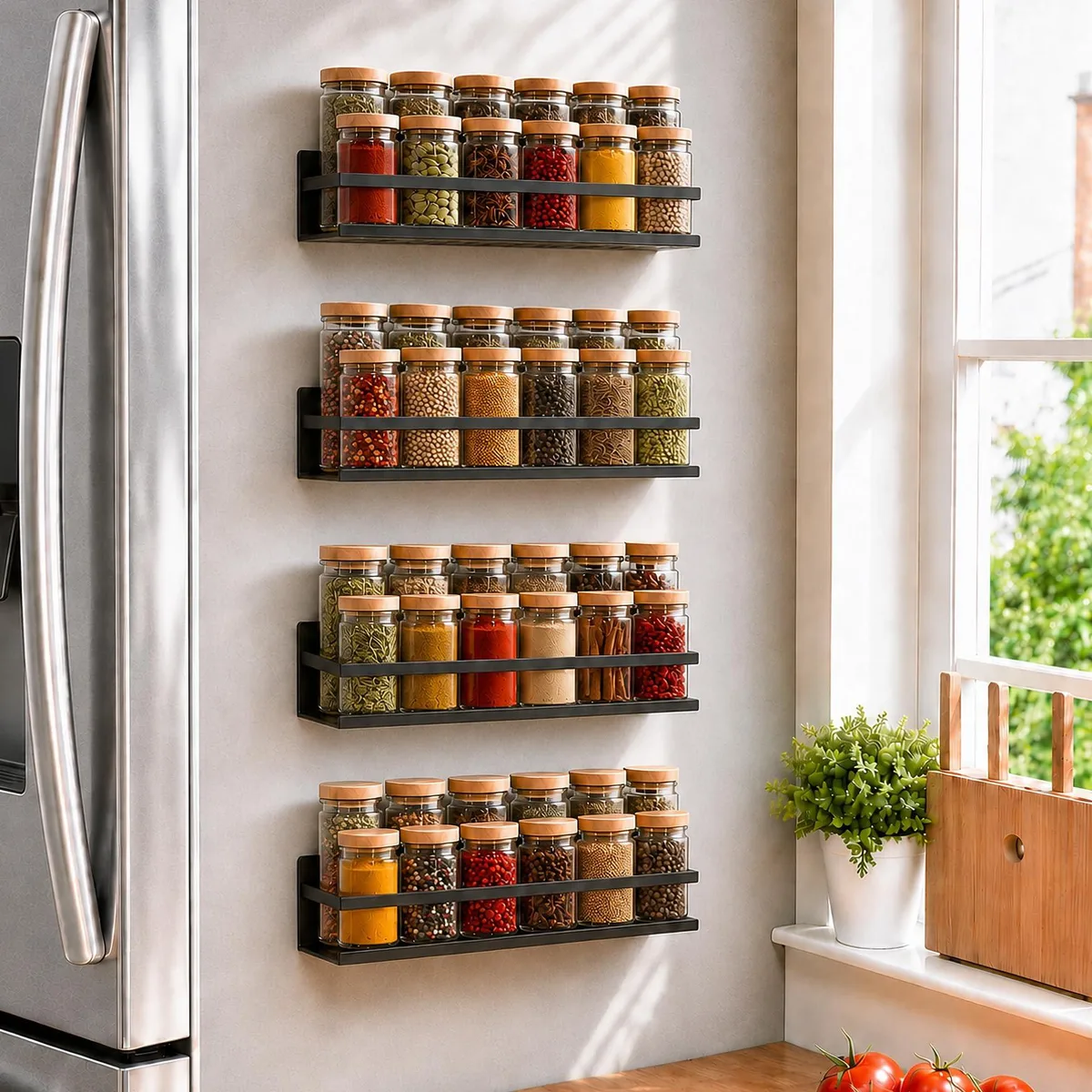 Red two-tier magnetic spice rack set with twelve round jars on metal shelves