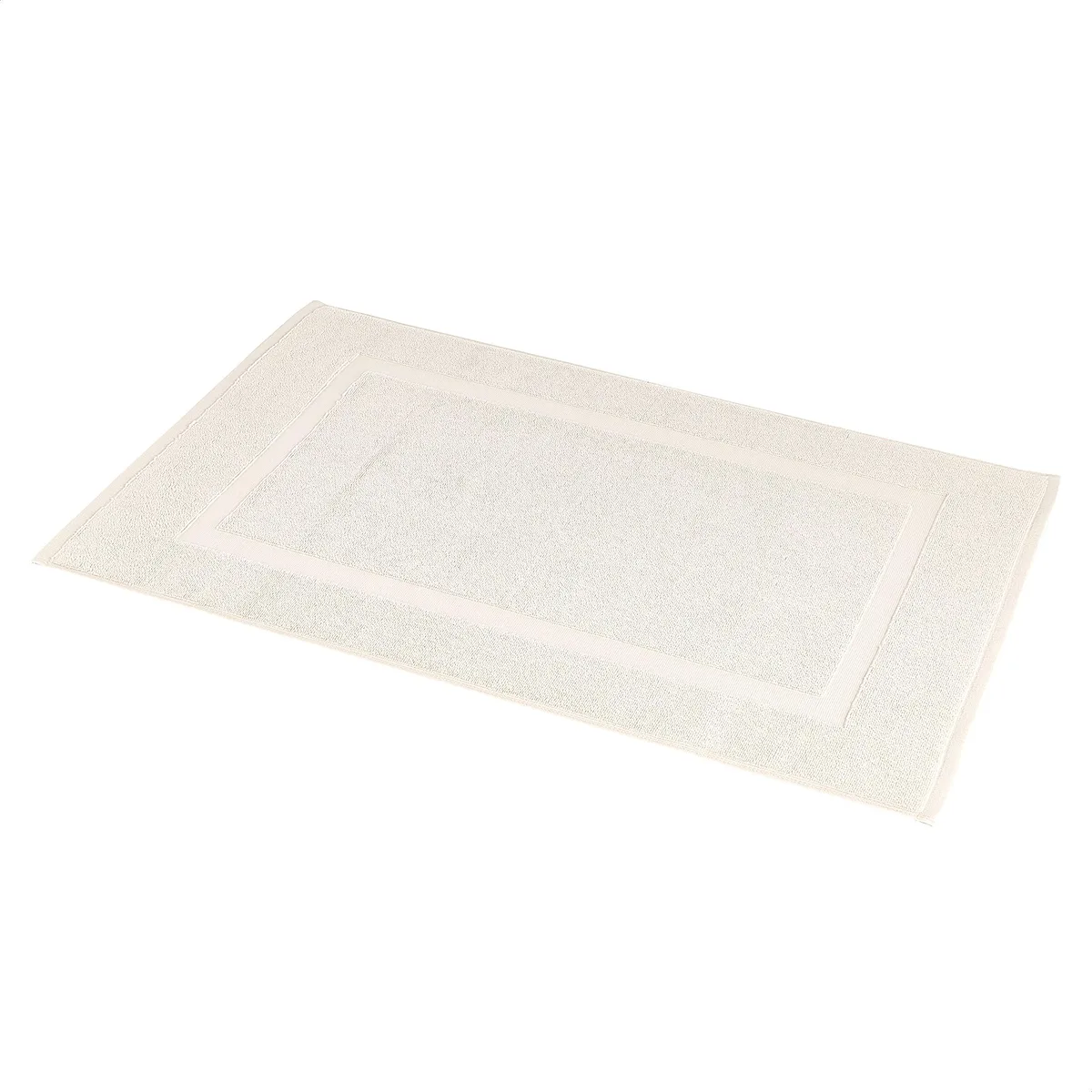 Cream rectangular cotton bath mat with banded edges, 20 by 31 inches