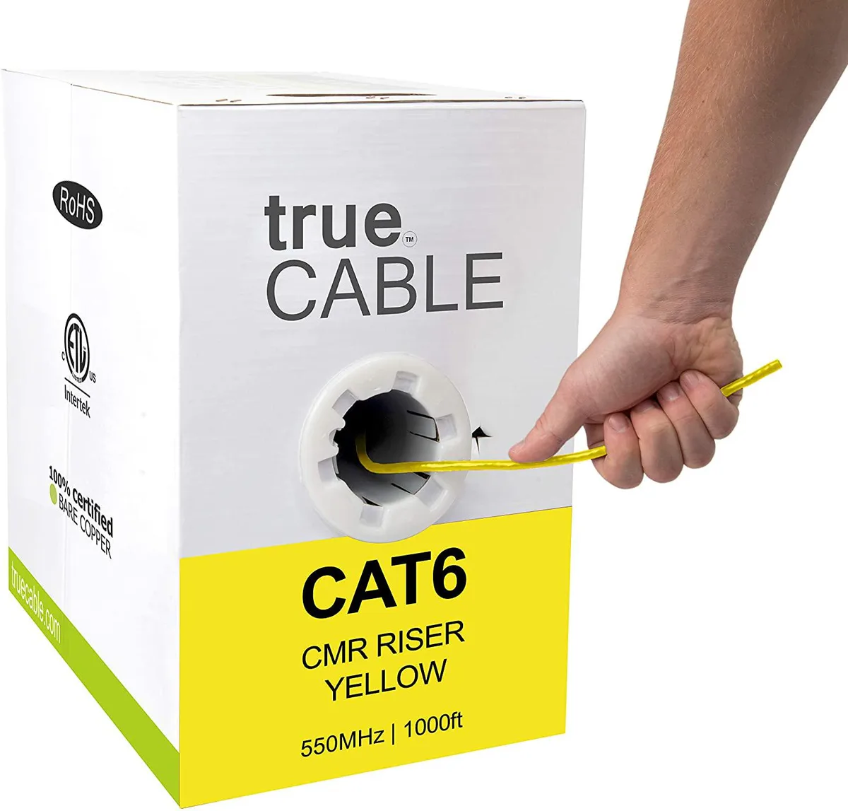 Yellow bulk Ethernet cable in easy-pull box, 1000ft CMR riser rated