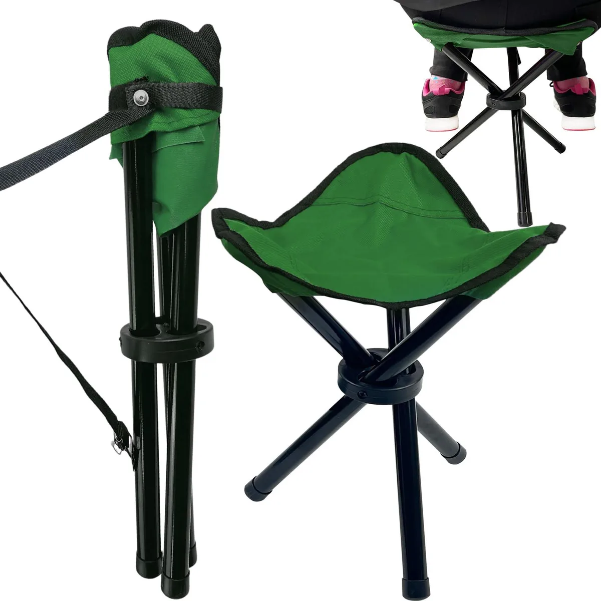 Folding tripod stool in camouflage polyester with metal frame and shoulder strap