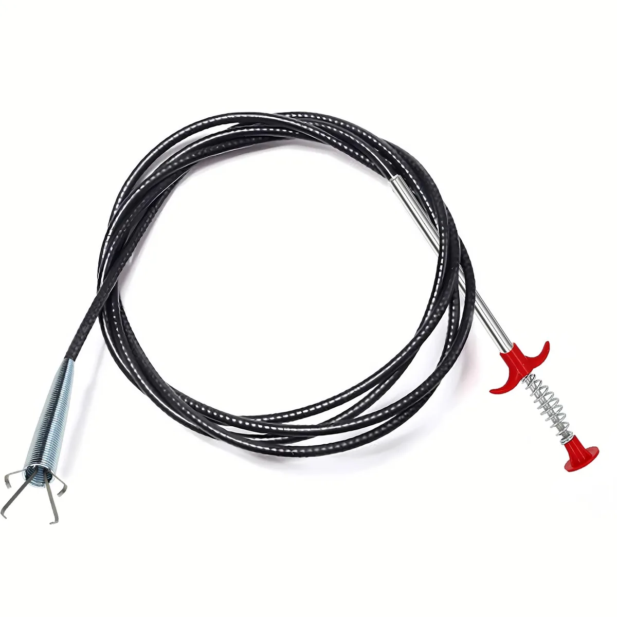Twelve 79-inch flexible spring-steel grabbers with red handles and four-prong claws
