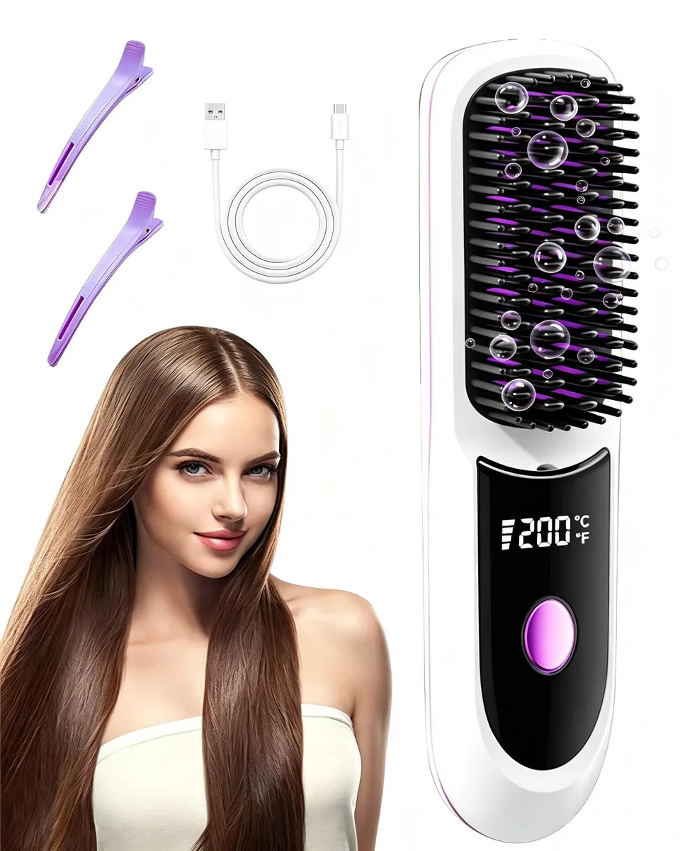 White cordless hair straightening brush with ceramic teeth and LED display