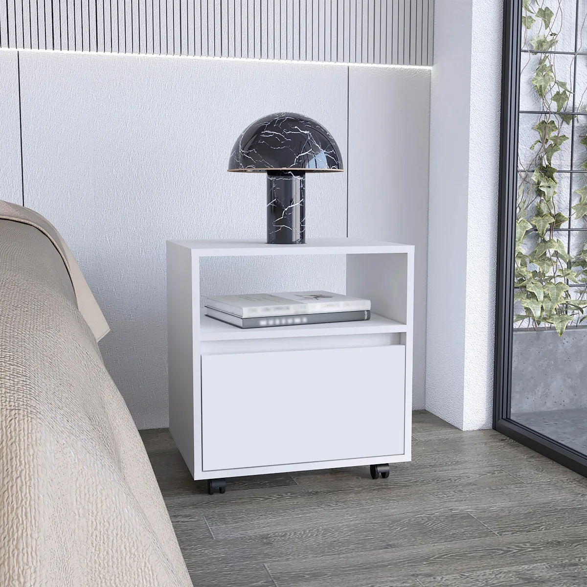 White nightstand on casters with one drawer and open shelf