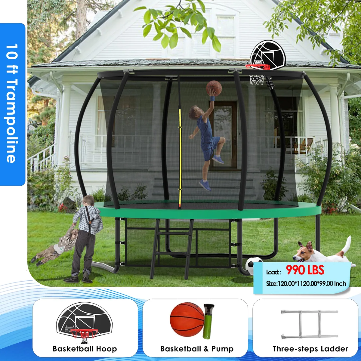 MERSCO MERSCO 10ft Trampoline Green with Basketball Hoop & Enclosure Net — product photo