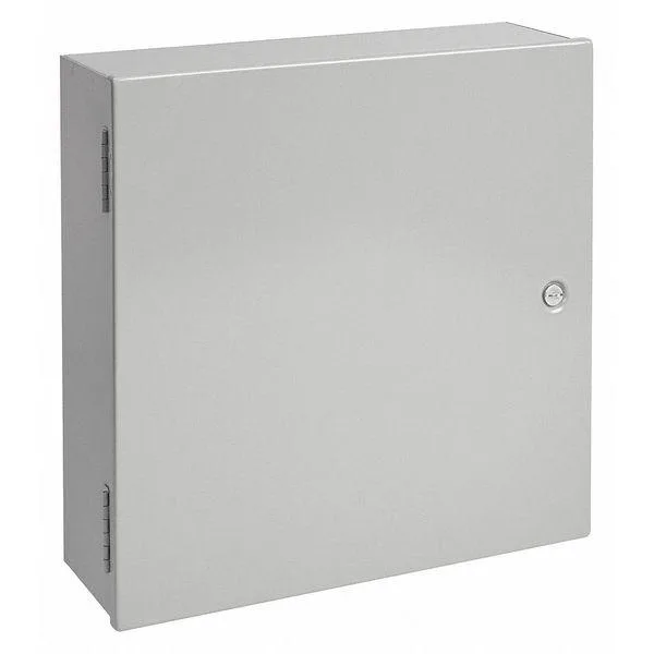 Gray carbon-steel wall-mount enclosure with hinged solid cover and quarter-turn latch