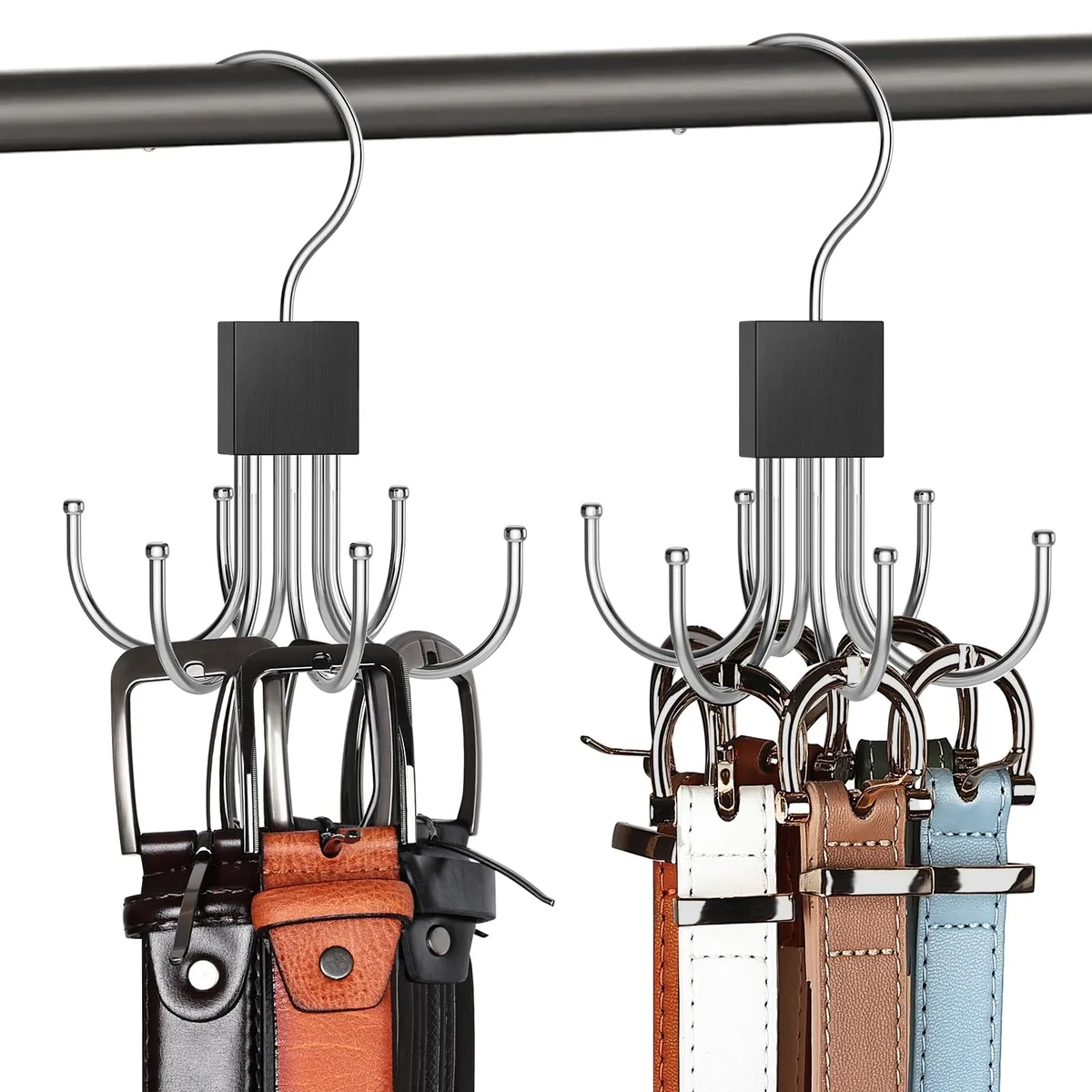 Two metal rotating belt hangers with six U-shaped hooks each, silver finish