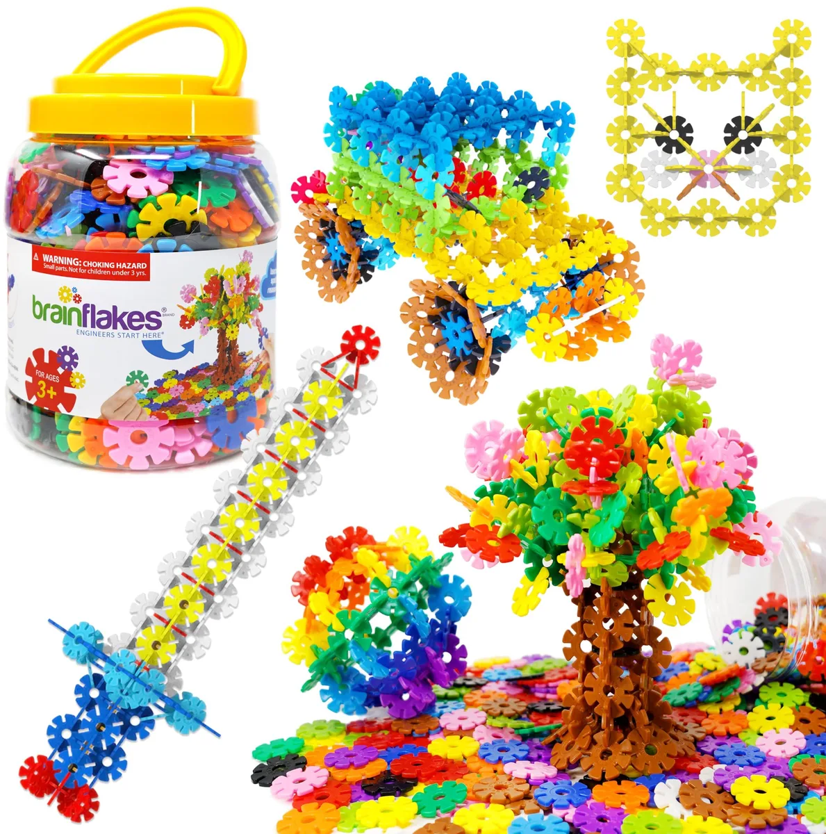 A yellow-capped plastic jar filled with 500 colourful interlocking discs