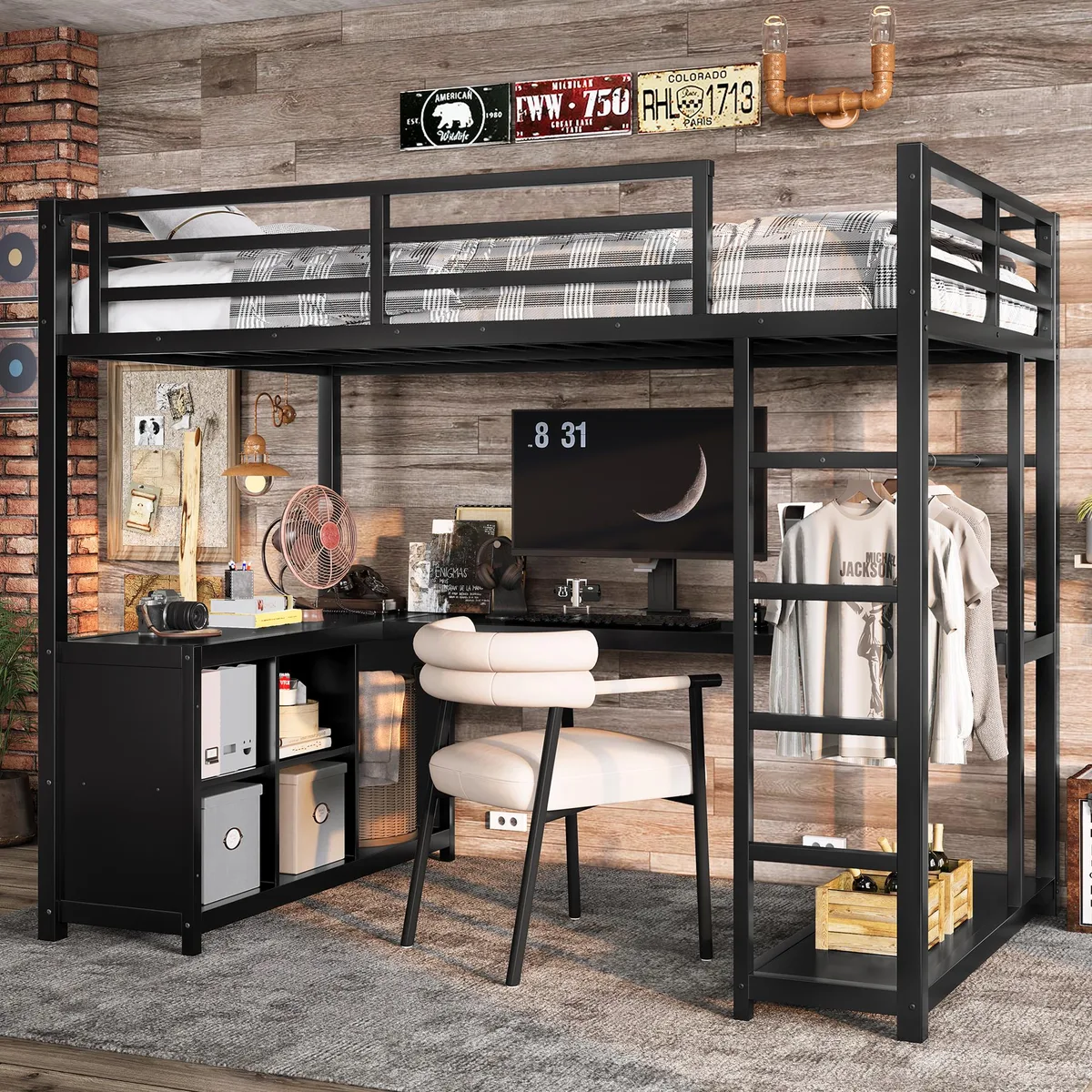 Black metal twin loft bed frame with integrated L-desk wardrobe and storage shelves