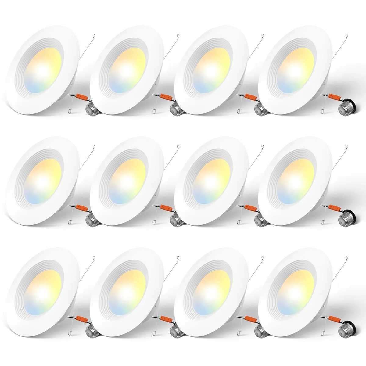 Twelve white recessed LED lights with baffle trim and clear prismatic glass