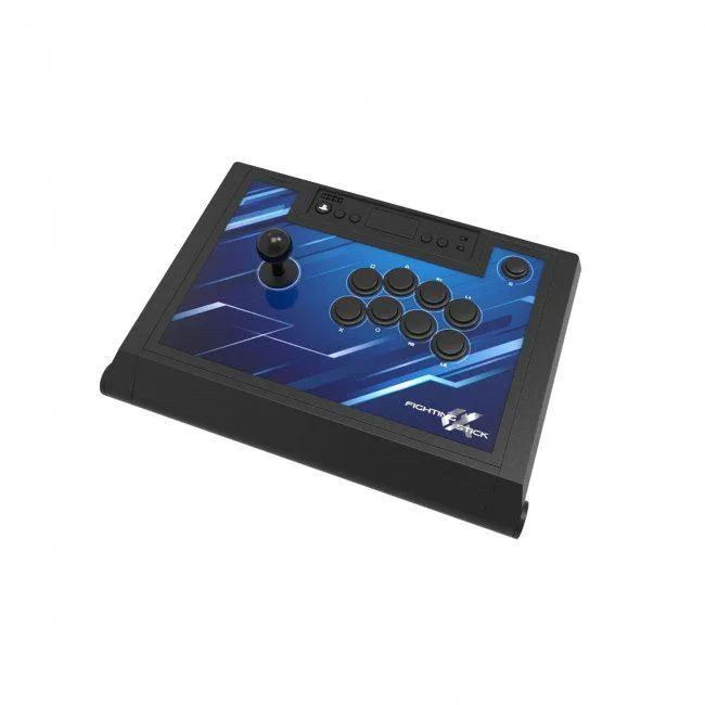 Black arcade fighting stick with eight buttons and joystick on flat rectangular base