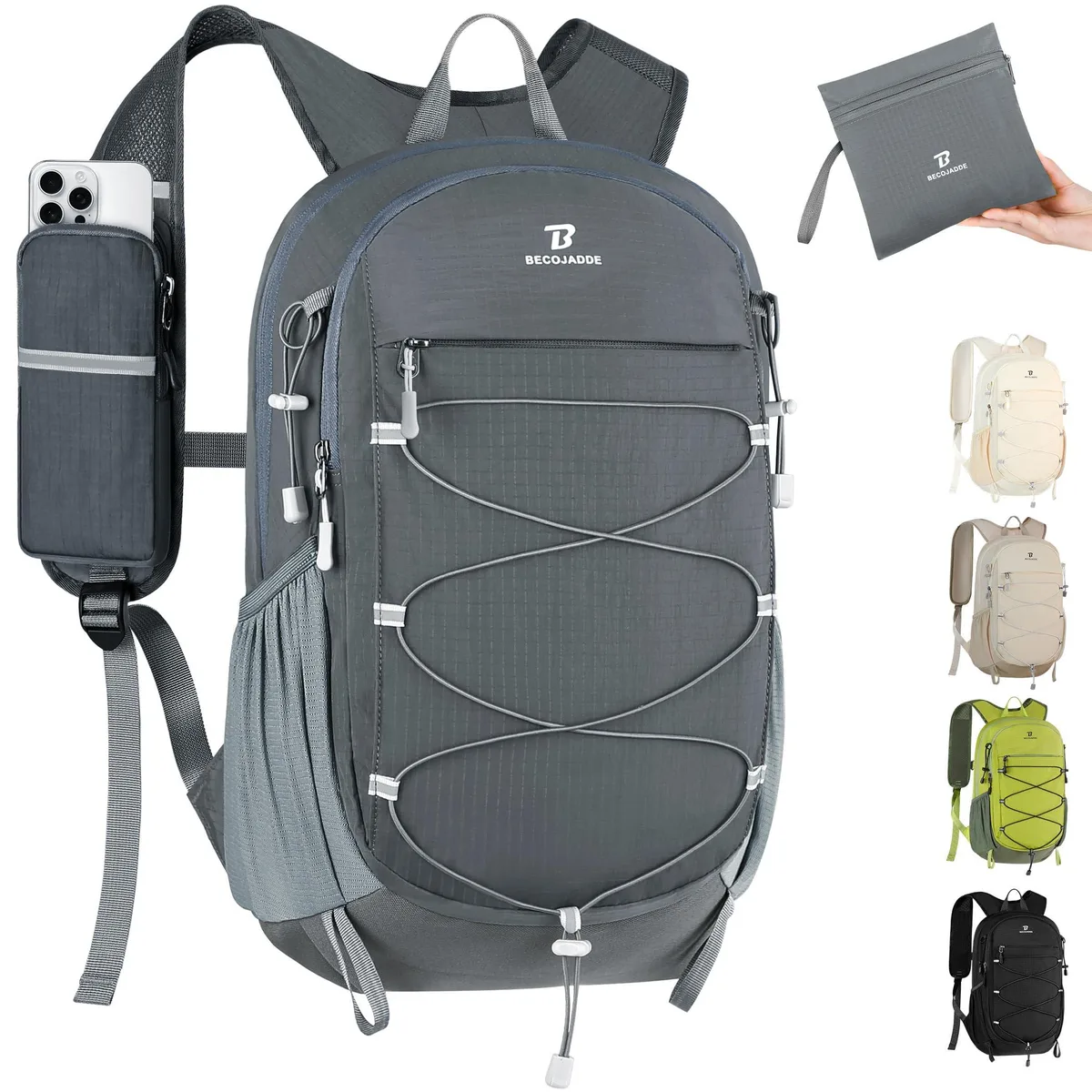Grey nylon packable hiking backpack with mesh shoulder straps and multiple zippered compartments