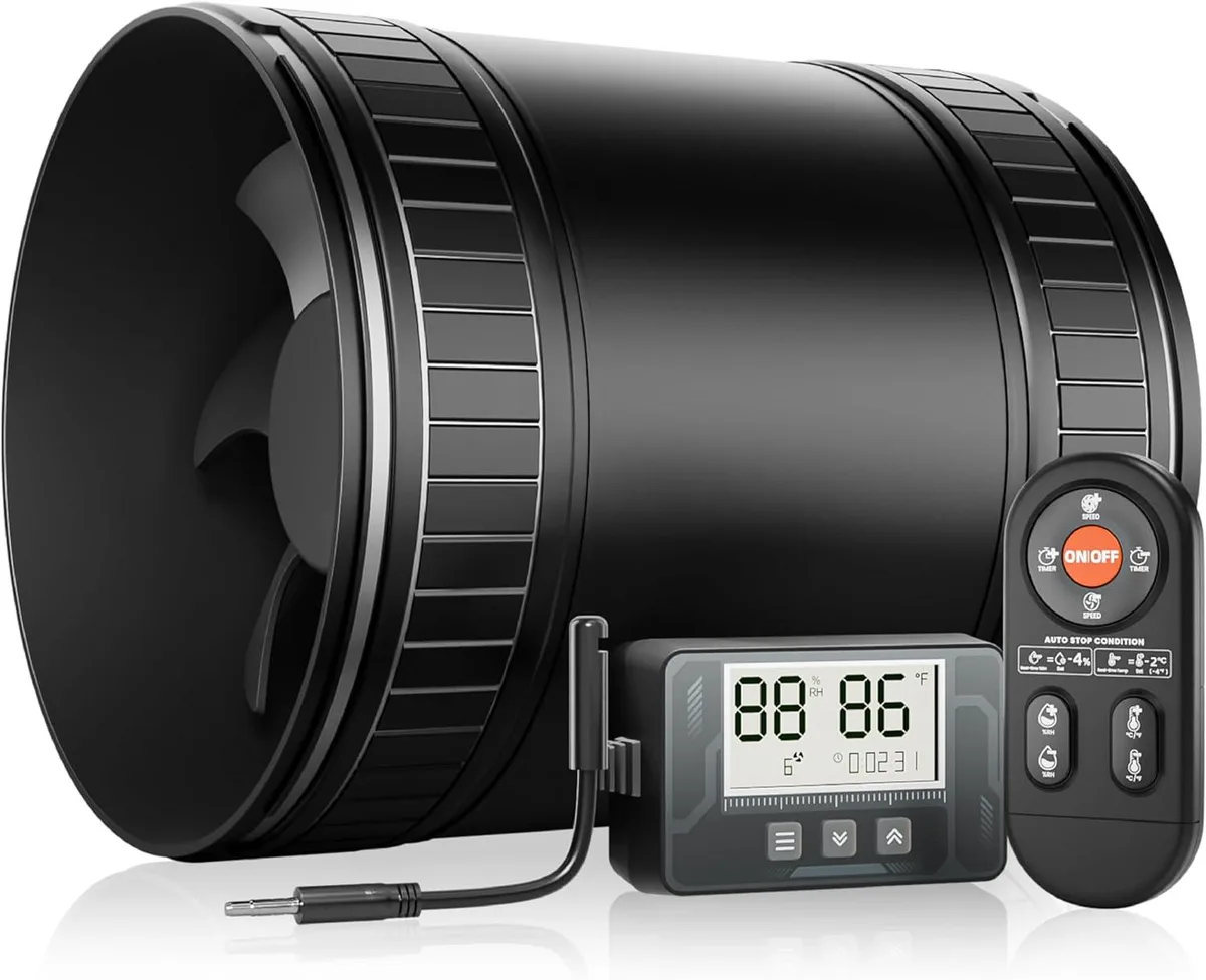 Compact 4 inch inline duct fan with sensor and controller, 4.72 by 3.86 inches