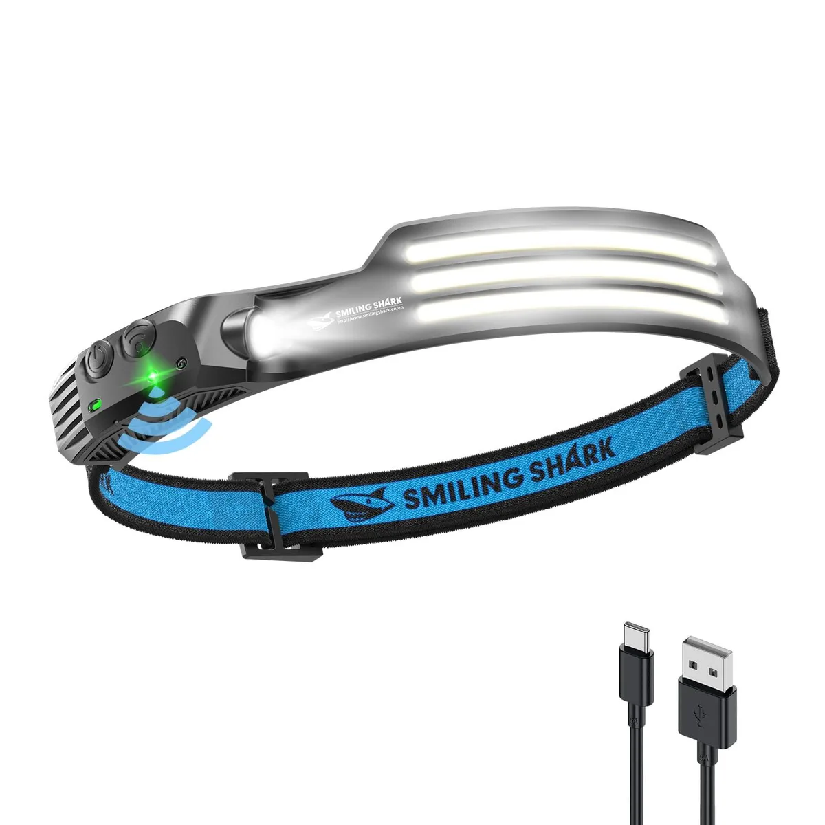 Black rectangular headlamp with three white LED strips and adjustable head strap