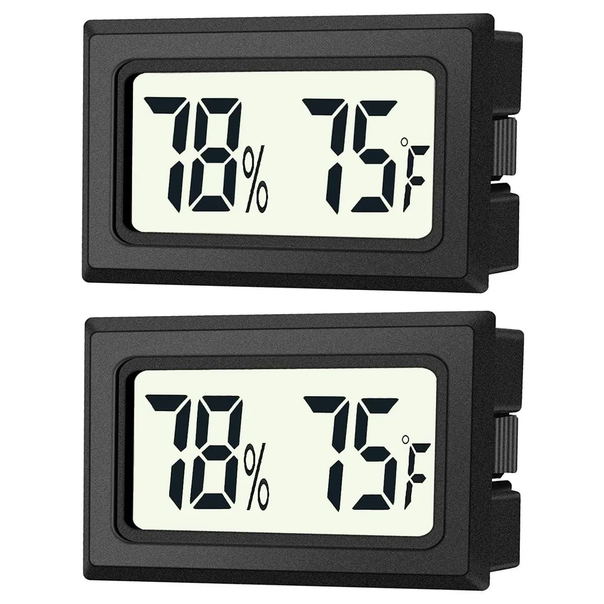 Two small black rectangular hygrometer-thermometers with large LCD screens
