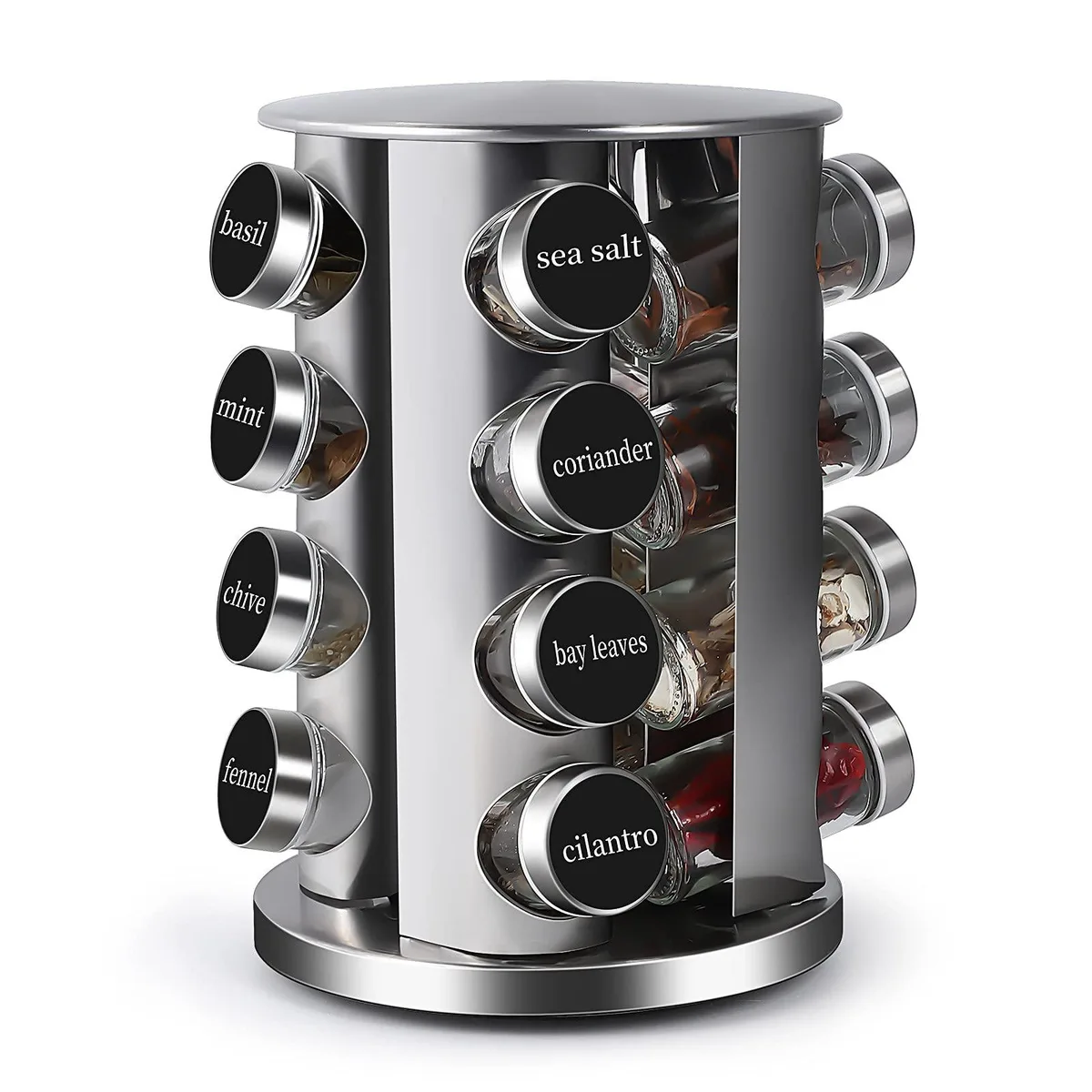 Red two-tier revolving spice rack with 16 glass jars and labels
