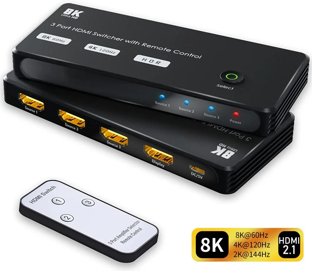 ESTONE ESTONE TJ-A113 3-in-1-out HDMI 2.1 video switch 48Gbps 8K@60Hz 4K@120Hz IR remote — product photo