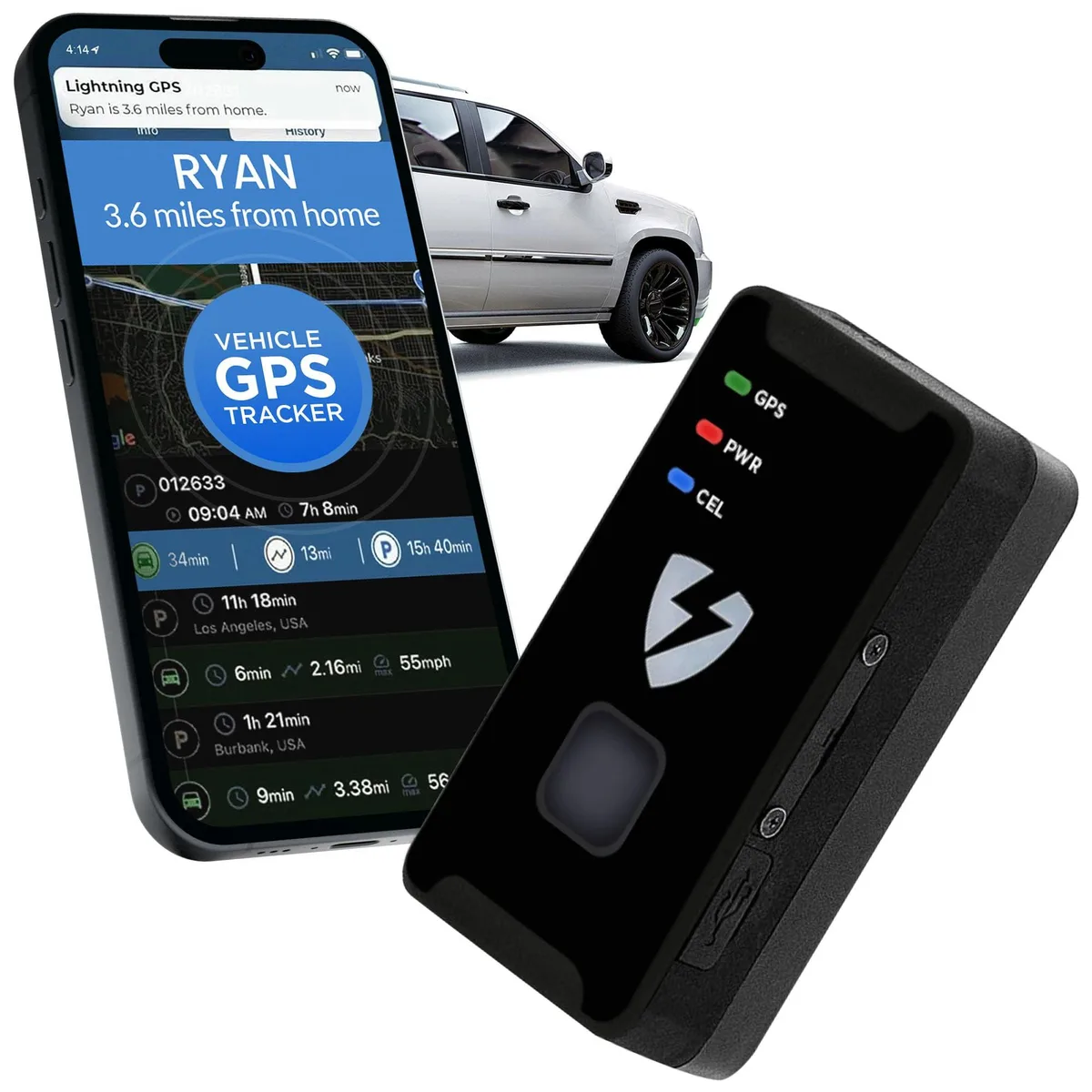 Small black rectangular GPS tracker with USB port and magnetic back