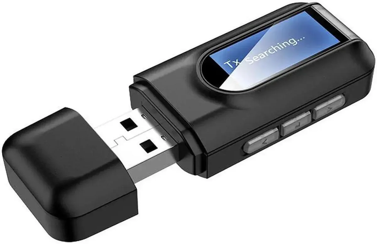Small black rectangular Bluetooth adapter with LCD screen and 3.5mm jack