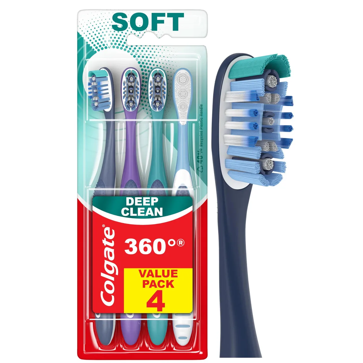 Four red manual toothbrushes with soft bristles, polishing cups, and cheek or tongue cleaners on the reverse side