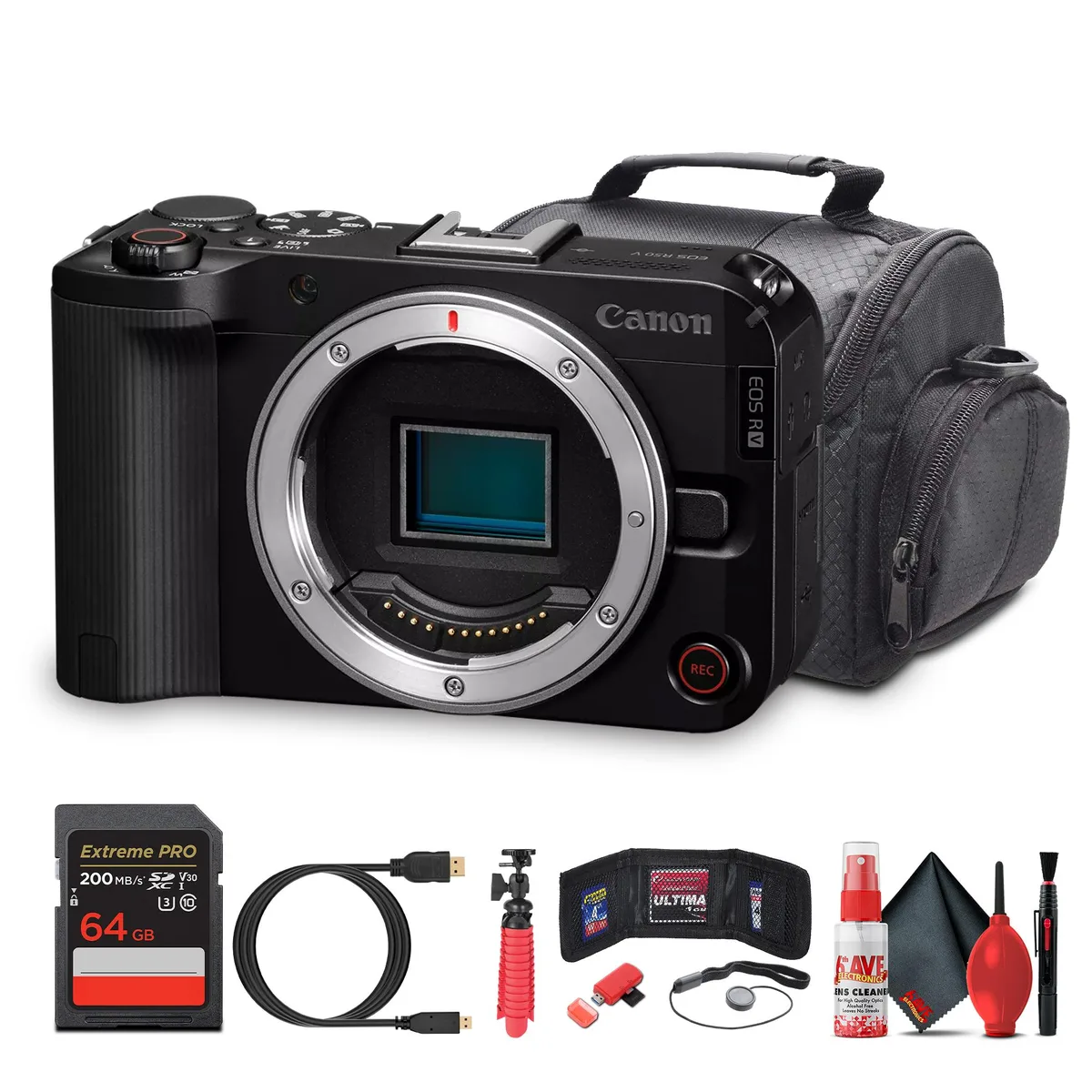Black mirrorless camera body with flip-out screen, bundled with memory card, bag, tripod and accessories