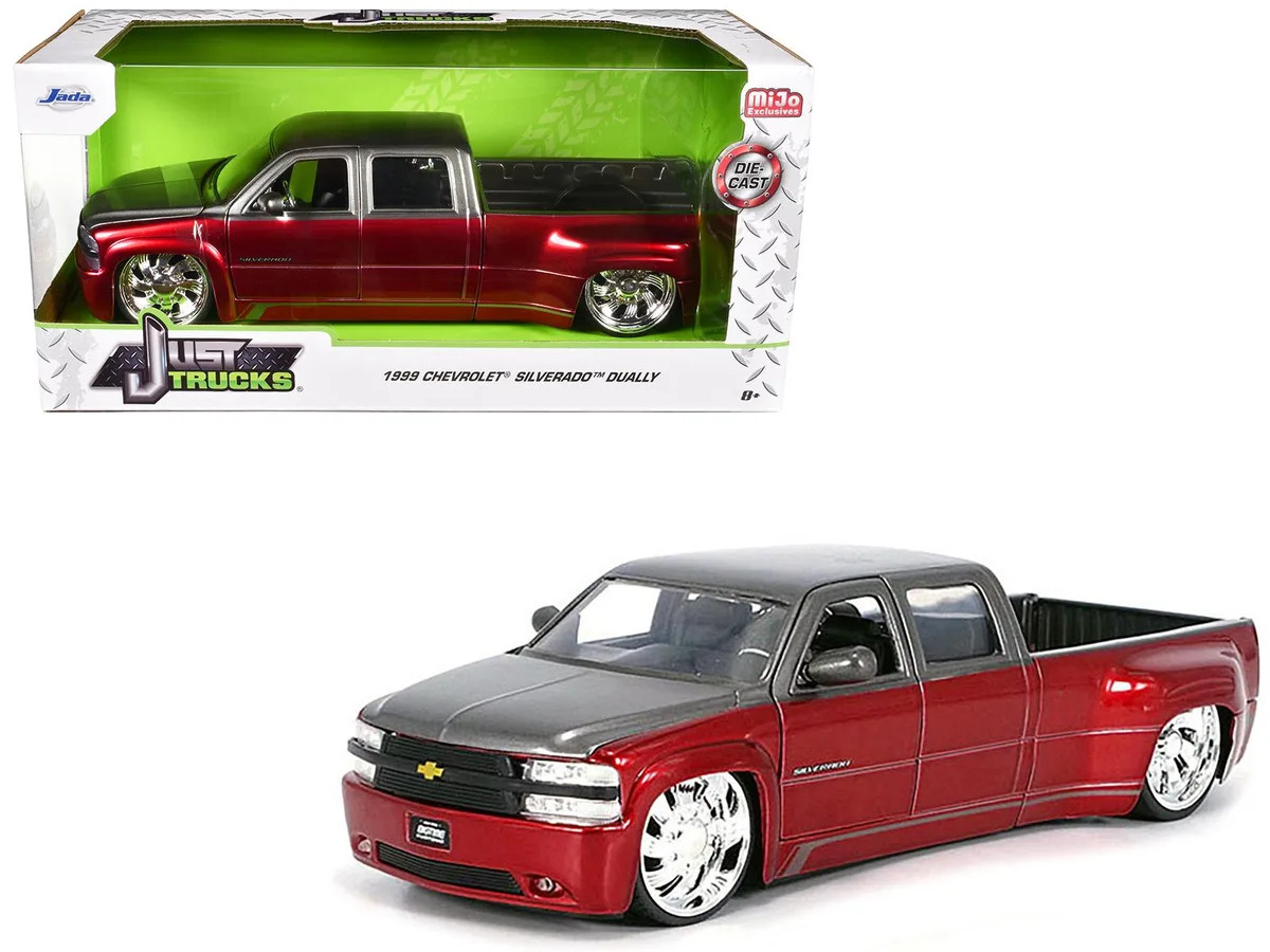 Jada Jada 1999 Chevrolet Silverado Dually 1/24 Red Metallic Gray KMC Wheels hobby collectible — product photo