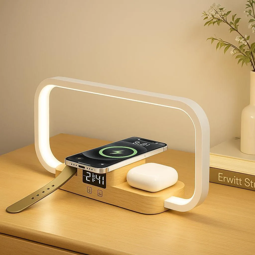 White modern table lamp with wireless charging pad, touch controls, and digital clock display