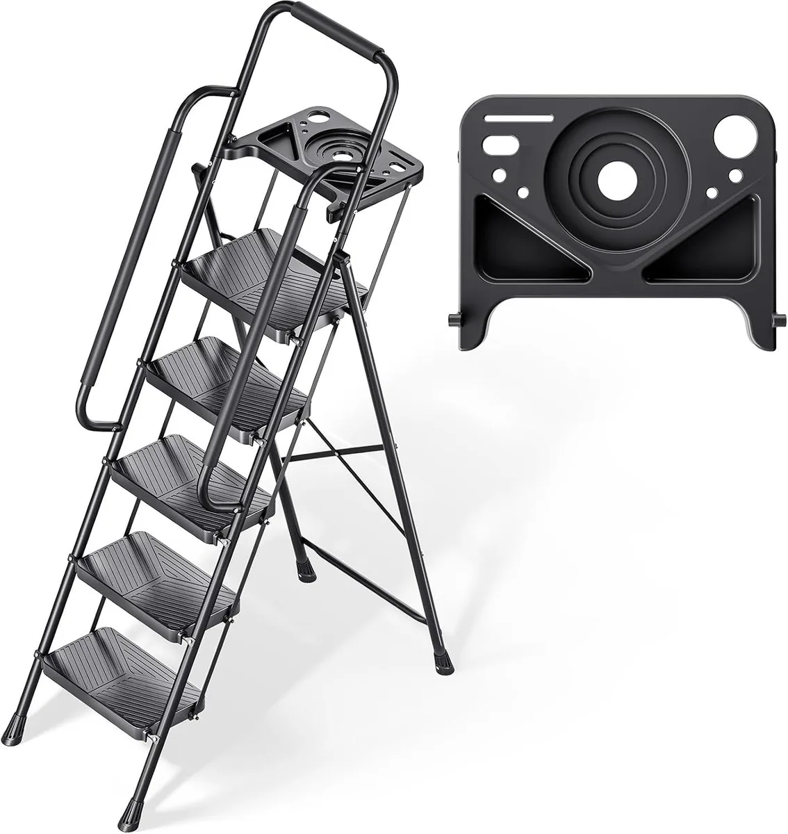 Black five-step folding steel ladder with wide anti-slip treads, handrail and tool platform