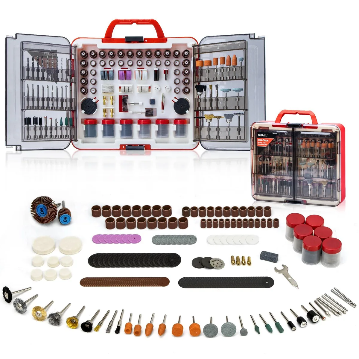 Large black carrying case holding 508 rotary tool bits and accessories