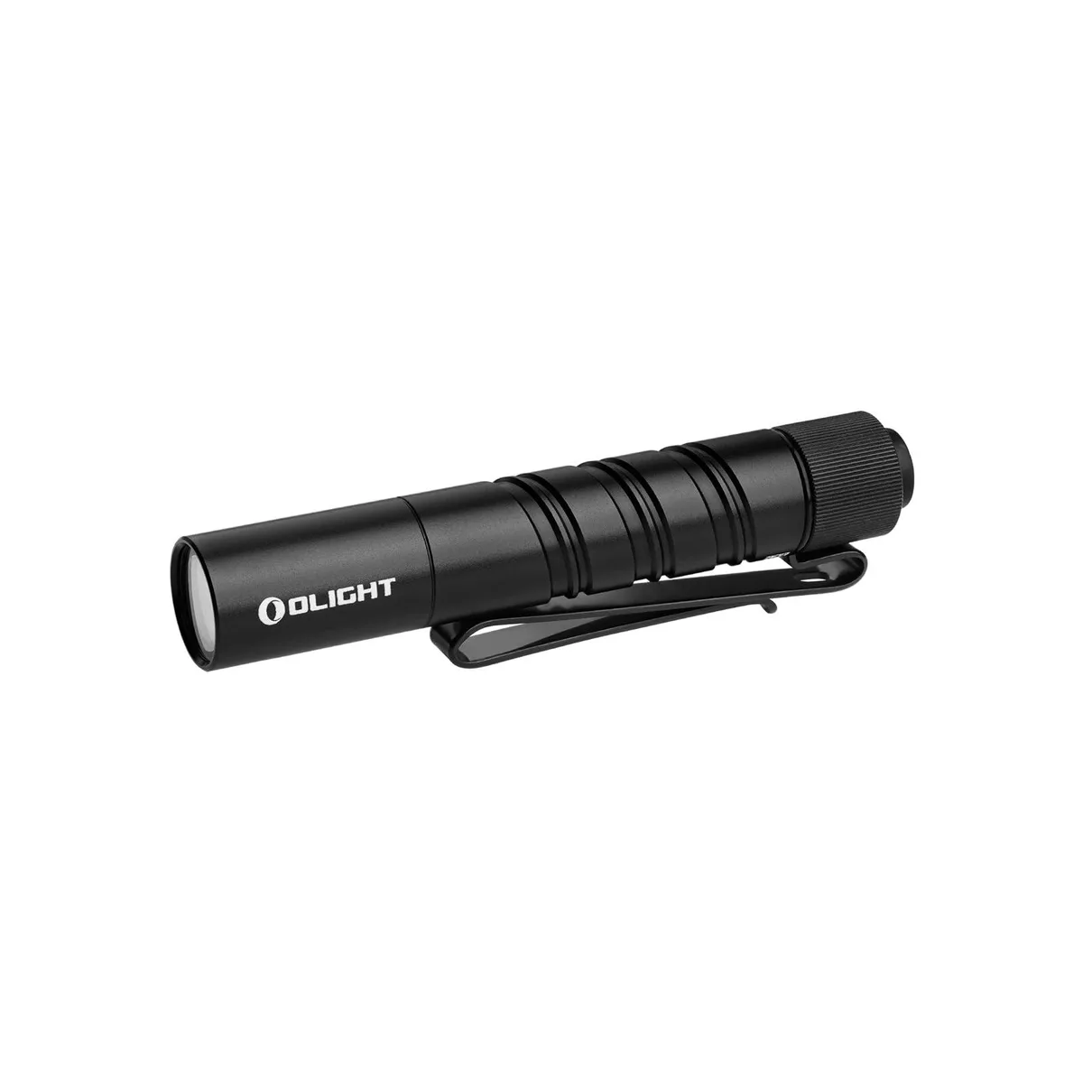 Black cylindrical aluminium flashlight with dual-way pocket clip