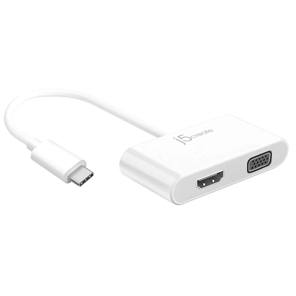 Compact USB-C adapter with HDMI and VGA ports, matte grey finish