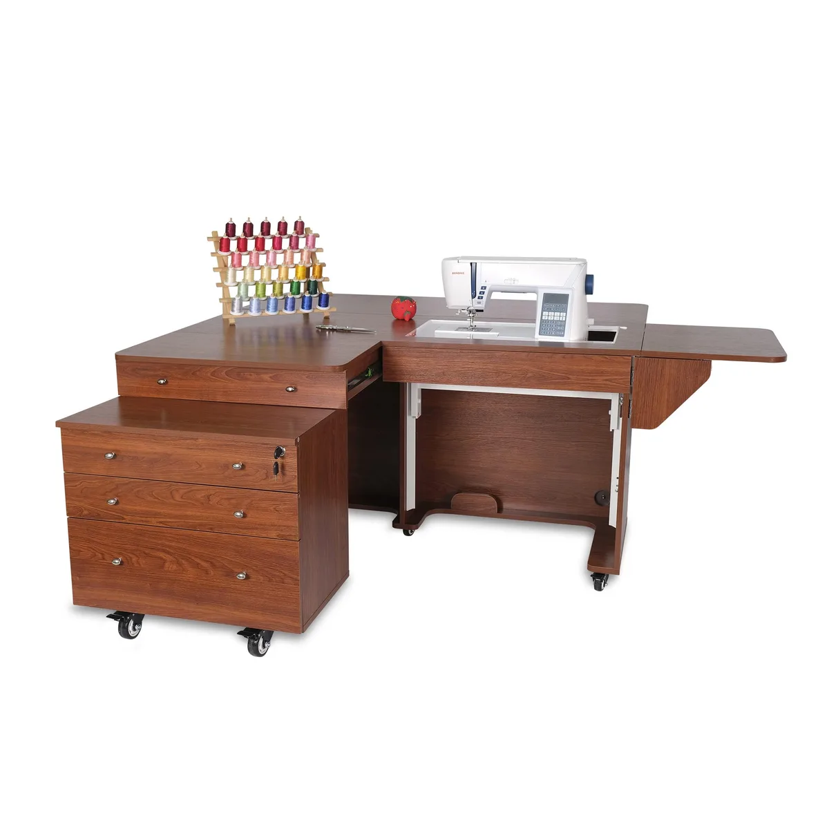 Teak sewing cabinet with hydraulic lift, rear leaf, rolling caddy and drawer