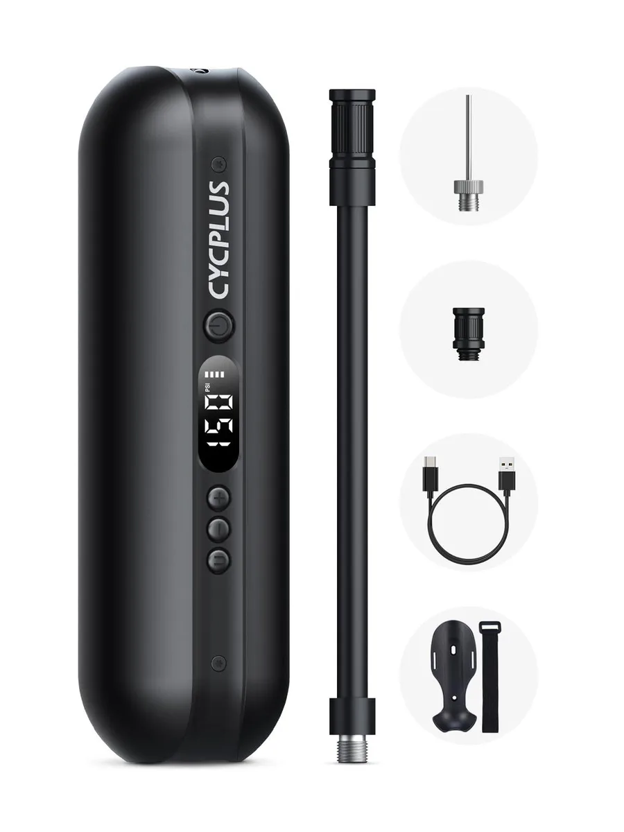 Silver cylindrical portable air compressor with built-in hose and bike mount