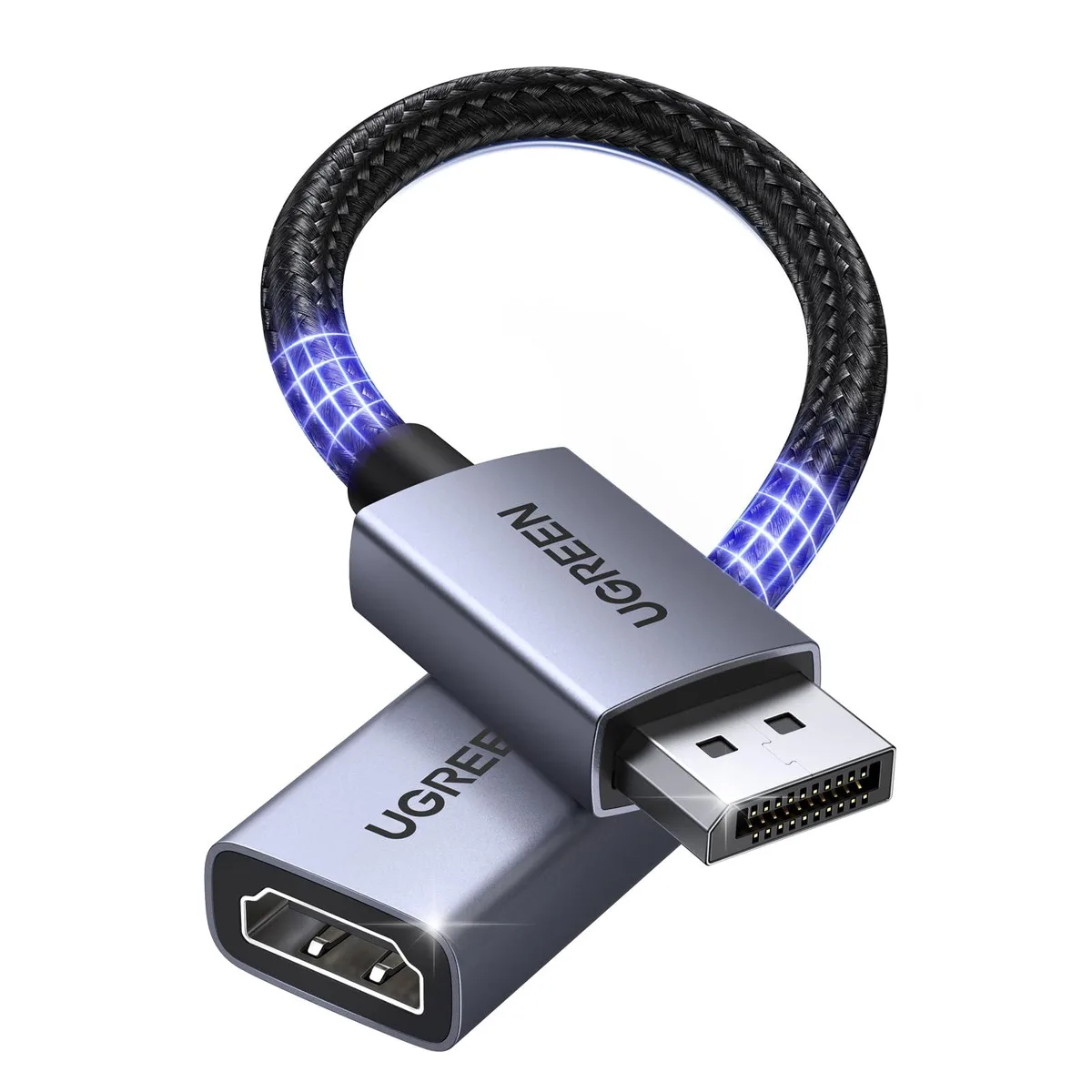 Black DisplayPort male to HDMI female adapter with braided cable, 0.66 ft