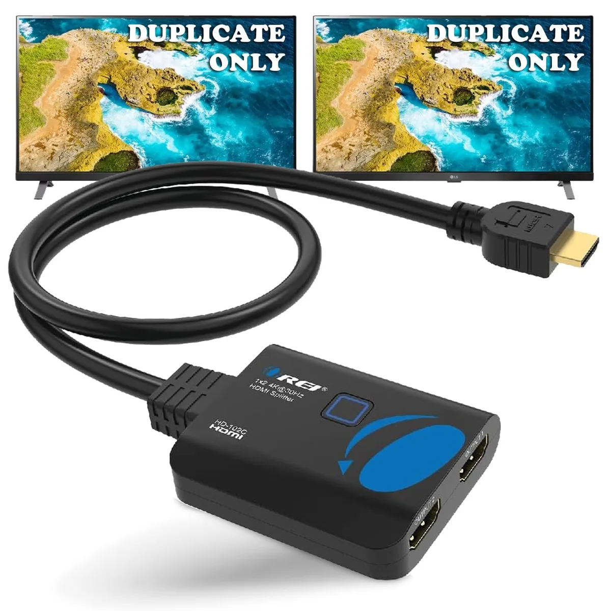 Small black HDMI splitter with USB power port and two HDMI outputs