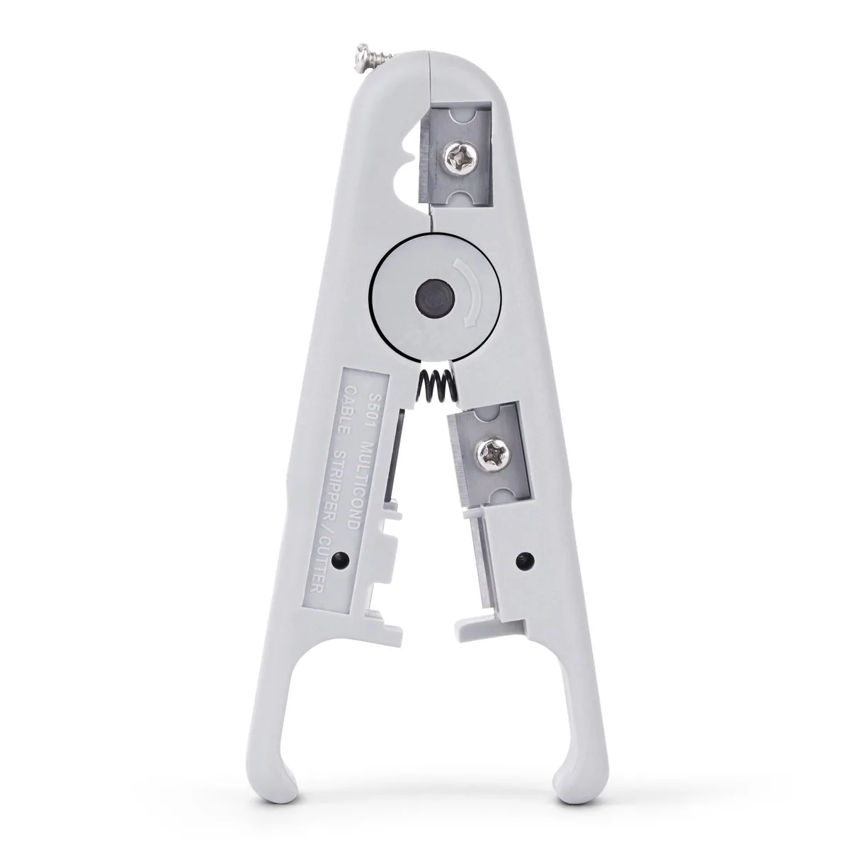 Compact yellow handheld cable stripper and cutter with rotary blade and integrated cutting slot