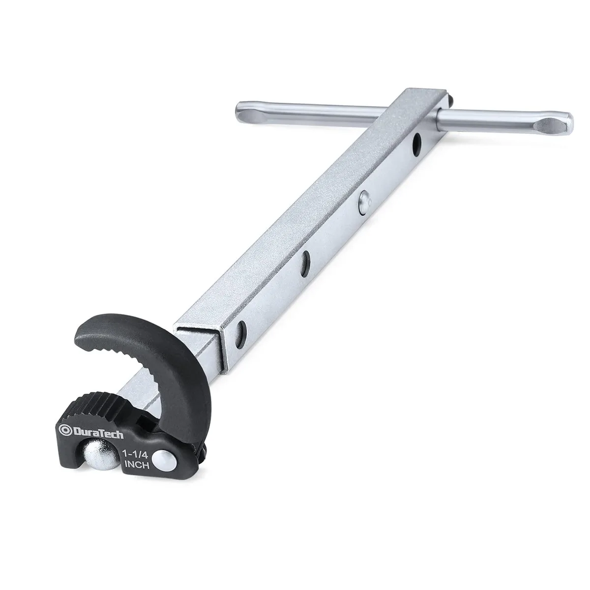 Telescoping basin wrench with spring-loaded jaw and sliding T-bar handle, carbon steel finish