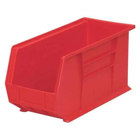 Red plastic storage bin, rectangular with open top, molded label slots and divider slot, hangable stackable design