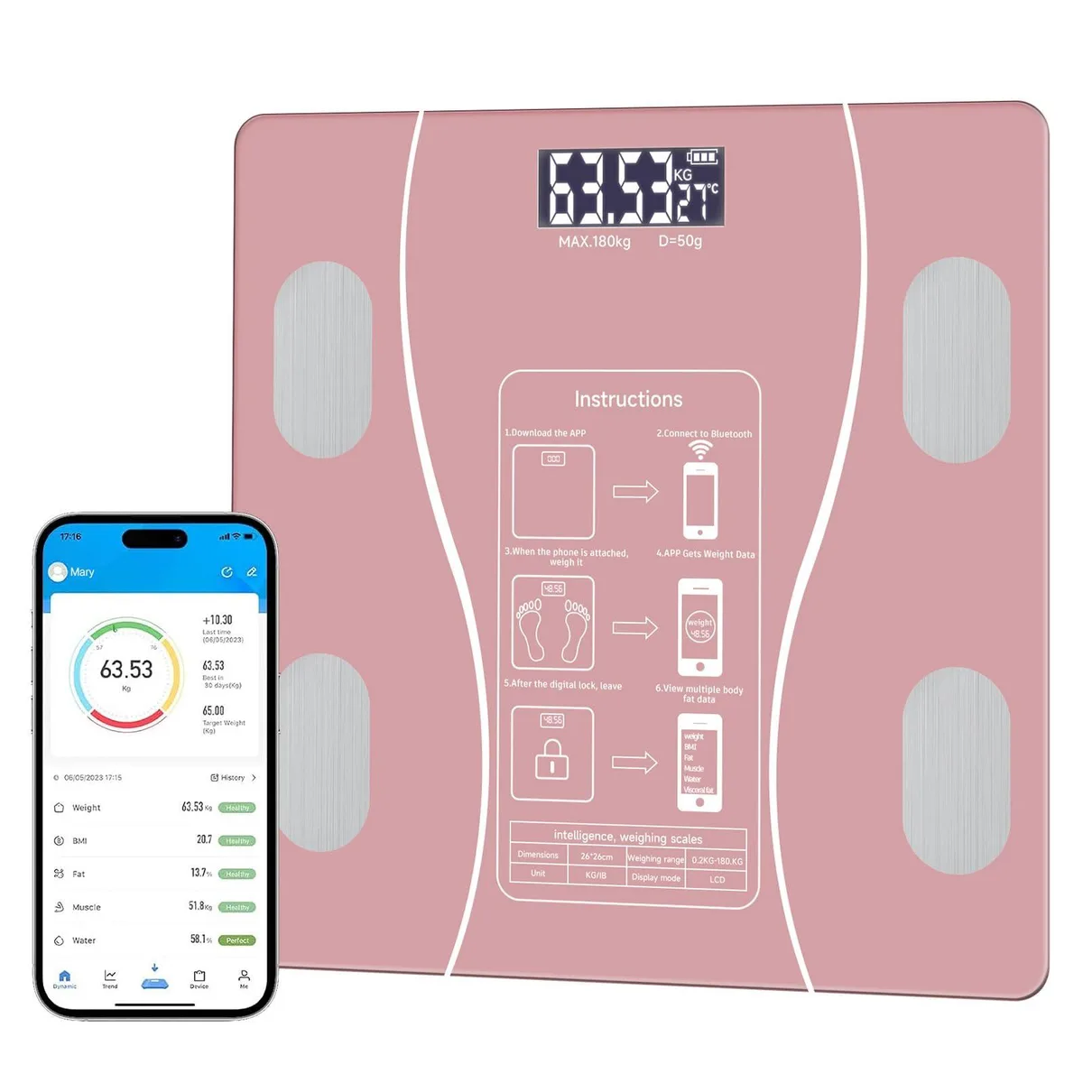 Pink foldable digital bathroom scale with LCD display