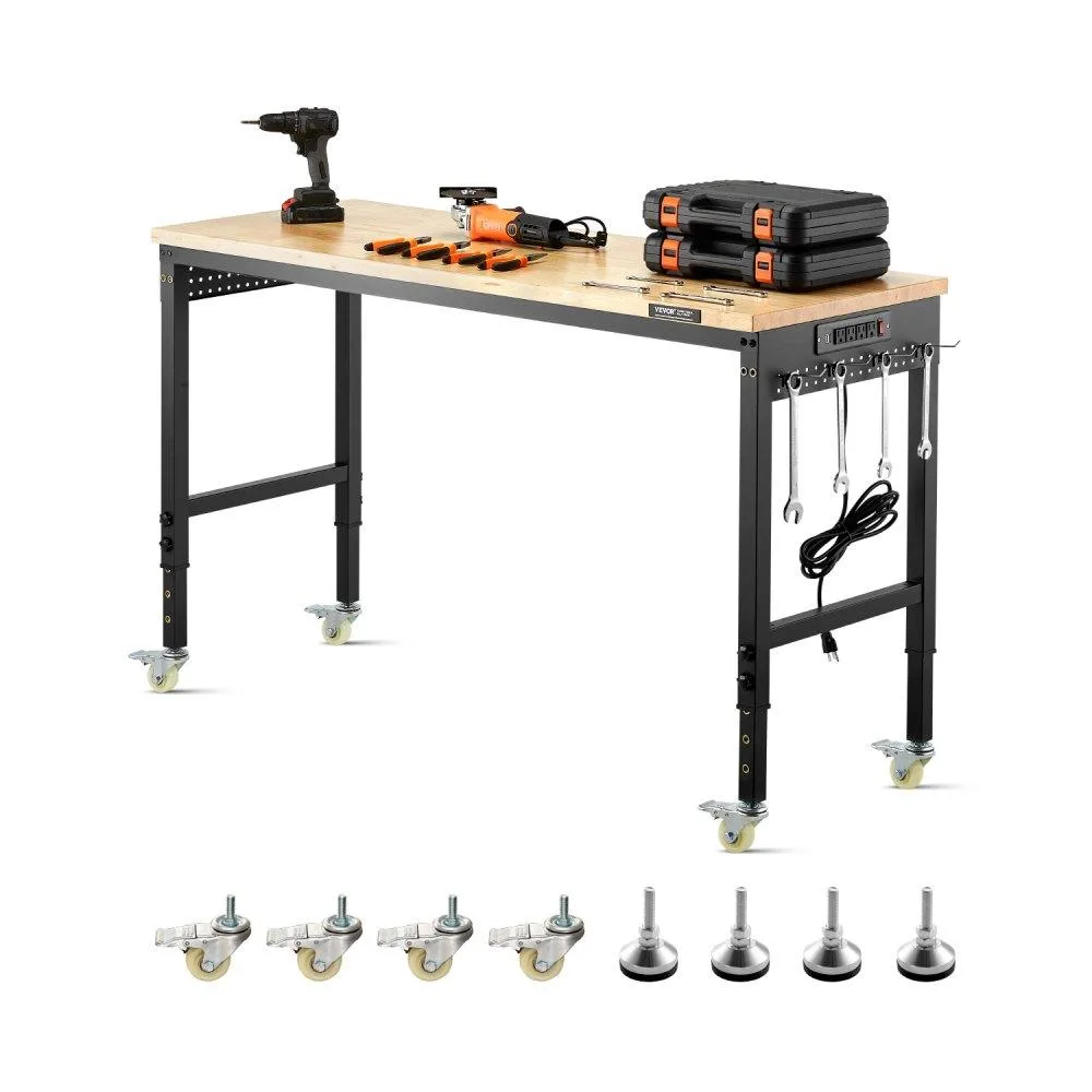 VEVOR VEVOR 60-Inch Adjustable Workbench Oak 2000 lbs Power Outlet Wheels Pegboard — product photo