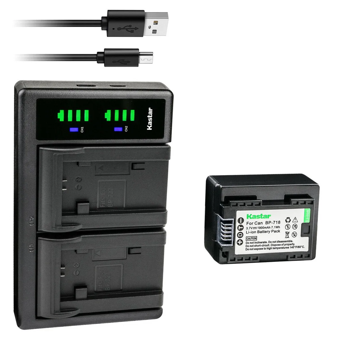 Kastar Kastar BP-718 1900mAh Li-Ion camera battery with LTD2 dual USB charger — product photo