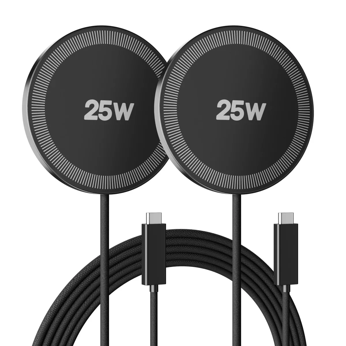 Two slim black magnetic charging pads with braided cables