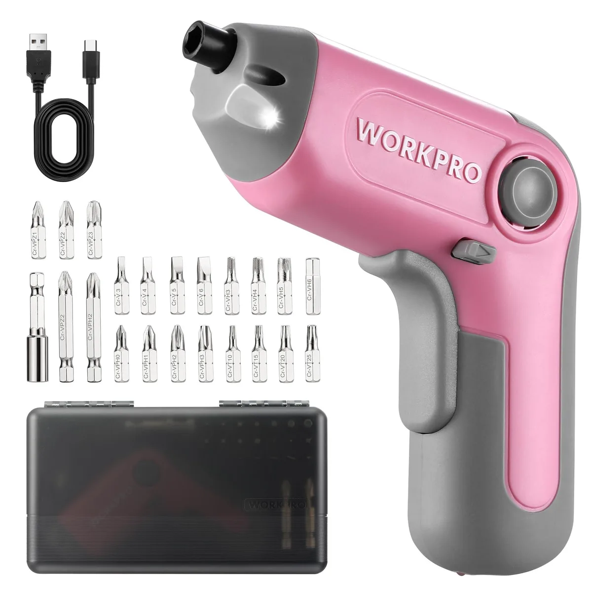 Pink WORKPRO cordless screwdriver with offset shaft, LED light, 22-piece bit set in carry case