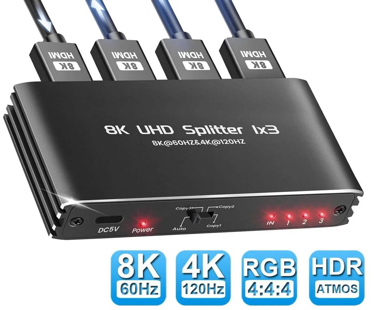 LUOM LUOM OZF8K2 1×3 HDMI 2.1 Splitter 8K@60Hz 4K@120Hz 1080P@240Hz VRR HDCP2.3 HDR10 48Gbps EDID Atmos 7.1ch — product photo